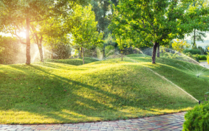 Hills In Public Park Being Watered With Sprinklers