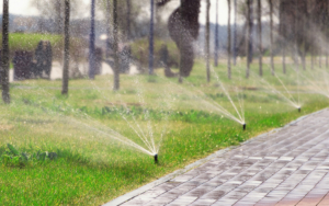 Sprinklers Next To Walking Path